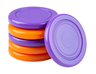 Stacks of Glossy Orange and Purple Game Tokens Isolated on Transparent Background.