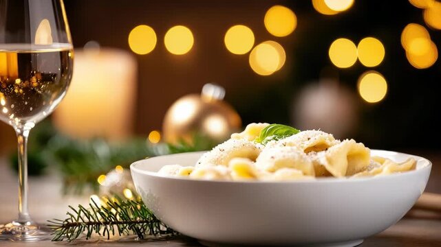 Bowl of cappelletti pasta topped with Parmesan shavings and basil leaves, served alongside a glass of champagne on a beautifully adorned table with twinkling holiday lights in the background