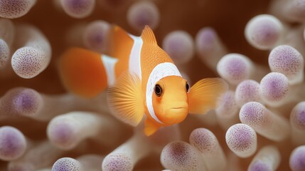 A charming clownfish, with its bright orange and white stripes, drifts gracefully amidst the gentle embrace of a vibrant sea anemone.