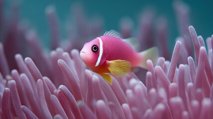 A vibrant pink clownfish delicately navigates its anemone home, showcasing marine beauty. Capture the essence of the underwater world.