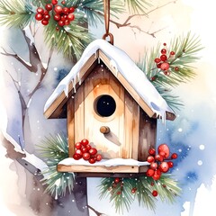 Watercolor winter birdhouse
