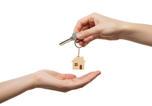 Handing Over House Keys With A Small Wooden House Keychain Symbolizing Property Ownership and New Home Acquisition
