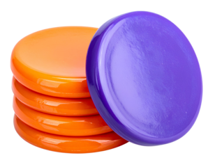 Stacks of Glossy Orange and Purple Game Tokens Isolated on Transparent Background.