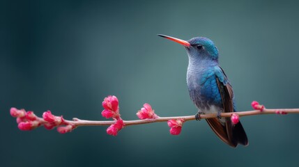 A hummingbird perched delicately on a vibrant branch, its iridescent feathers shimmering in the sunlight, creating a captivating display of nature's beauty.