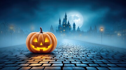 A carved pumpkin glows brightly in front of a gothic castle under a full moon and fog, in a magical scene.