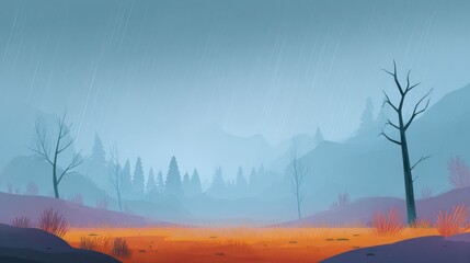 A serene, artistic landscape presents a stark contrast of vibrant orange and cool blue, with the rain-soaked scene evoking a sense of tranquility.