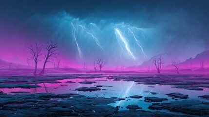 An electrifying display of nature's power unfolds, as vibrant lightning bolts illuminate a surreal landscape, evoking awe and the raw force of the elements.
