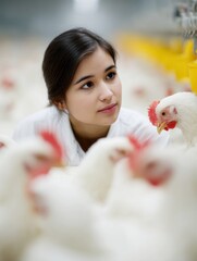 A focused young woman, dressed in a white lab coat, attentively observes the flock of chickens in a brightly lit poultry farm. She embodies the dedication to animal husbandry.