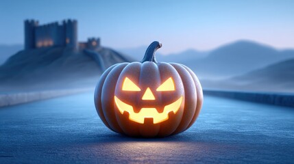A glowing Jack-o'-lantern sits on a road with castle and mountains in the background, perfect for Halloween season.