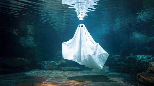 spooky ghost floats under water at night animation