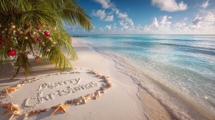 Christmas on the Shore: A festive tropical beach scene, with delicate holiday ornaments adorning a palm, overlooking the sea. The words Merry Christmas etched on the sun-kissed sand.