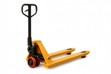 Yellow hand pallet truck on transparent background, transporting warehouse industrial logistics equipment
