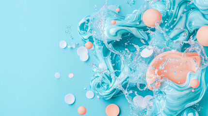 Vibrant abstract splash with dynamic swirling teal and light blue liquids, crystal water droplets, and contrasting peach and white spherical elements