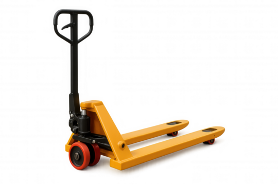 Yellow hand pallet truck on transparent background, transporting warehouse industrial logistics equipment