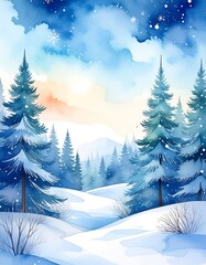Watercolor winter landscape with snow-covered trees and mountains