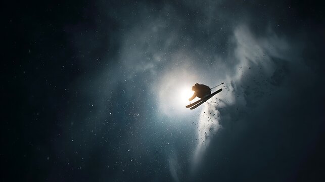 Professional skier performing high jump in deep snow at night. Dramatic backlight and snow particles emphasize speed, energy and winter mountain adventure