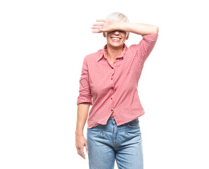 Shame. Adult woman covering face with hands, isolated on white background. Ashamed middle aged...