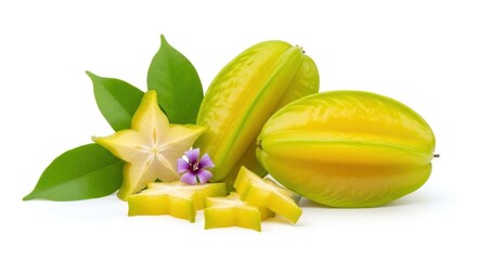 Exotic starfruit arranged with leaves and small flower, bright, tasty