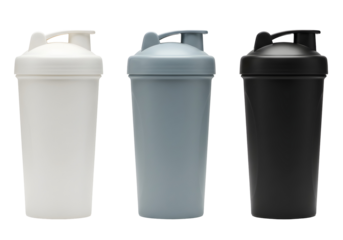 Three different colored shaker bottles for fitness and nutrition