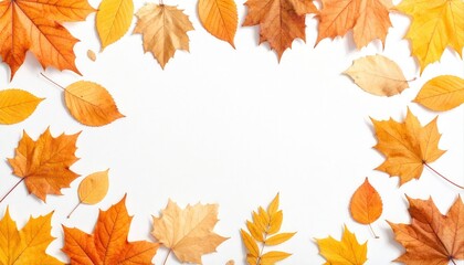 Fototapeta premium Stunning autumn foliage frame with vibrant yellow and orange leaves perfect for Thanksgiving promotions or fall crafting projects on a clean white backdrop