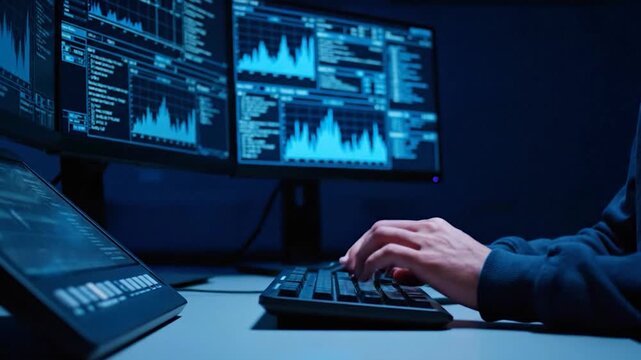 Hacker typing on keyboard in front of multiple monitors displaying graphs and data in a dark room