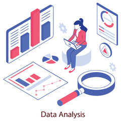 Isometric Business Analyst Working on Laptop Vector Graphic 