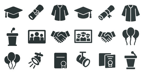 Graduation and ceremony solid icons set – filled, academic and celebration symbols