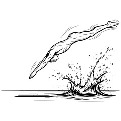 Swimmer diving into the water with a big splash. Dynamic black and white vector illustration of a water sport, or a metaphor for 'taking the plunge'.


