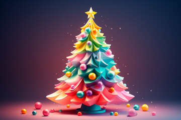Ilustration of a multicolored Christmas tree with a light flare illuminating the dark background. Festive and creative image ideal for Christmas designs and concepts