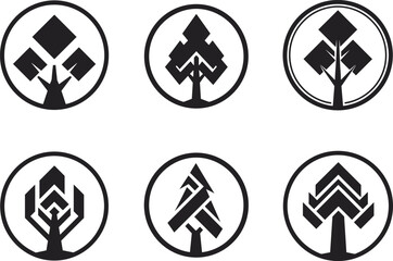 Geometric tree logo vector set, abstract circular icon bundle, modern nature symbol design, black minimalist tree illustration for branding and identity