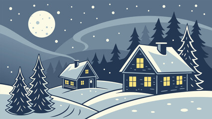 Naklejka premium A cozy winter village illustration with small houses covered in snow, glowing yellow windows, pine trees, and a full moon in the night sky. Snow is falling gently, creating a peaceful holiday.