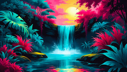 Minimal Vector Landscape Art Logo Design with Clean Lines, Bold Shapes, Bright Colors, Mountain View, Sunset, Water Reflection, Modern Aesthetic, Flat Illustration Style