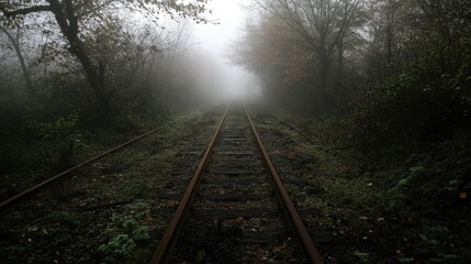 Fototapeta premium Abandoned railway tracks disappearing into thick morning mist