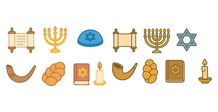 Jewish culture icons set – filled, solid, festival and tradition symbols