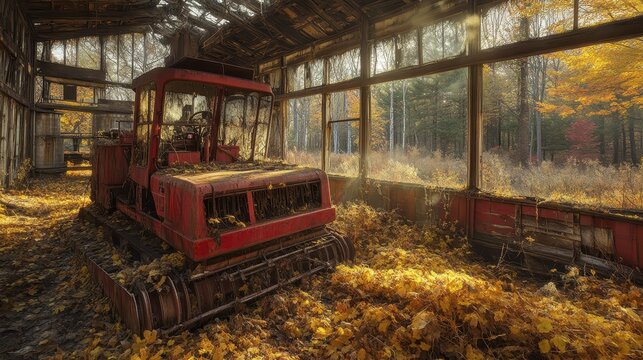 Abandoned red tractor decaying inside overgrown wooden barn