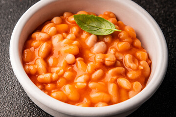 Beans tomato sauce vegetables dish natural product tasty snack fresh delicious gourmet food background on the table rustic top view copy space keto and paleo diet vegan and vegan food