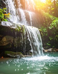 Waterfall cascading over rocks in lush jungle