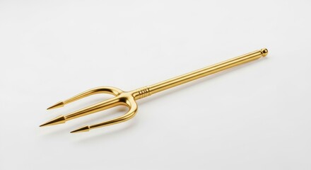 Gleaming golden trident on white, sharp points, centered focus
