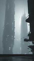 Futuristic dystopian city in heavy fog, huge tall buildings shrouded in mist and low visibility illustrating urban isolation and cyberpunk environment.