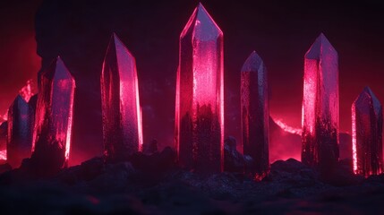 Abstract arrangement of red glowing glass crystal structures