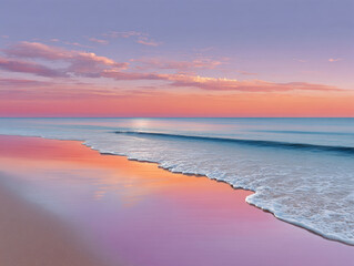 Fototapeta premium A tranquil beach scene at sunset, with the ocean's waves gently lapping against a pink-hued shoreline and reflecting the sky's colors in its surface.