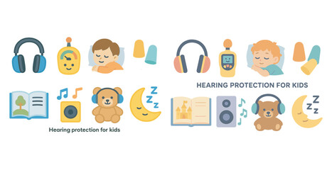 Hearing protection flat icons set &ndash; kids, noise, safety symbols for childcare