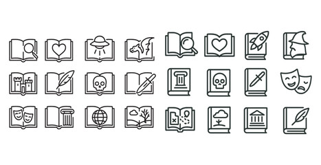 Literature and fantasy outline icons set – linear, book, storytelling motifs
