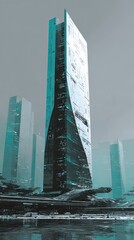 Futuristic skyscraper with reflection on water. Modern cityscape architecture with sleek design and towering buildings for city planning concept.