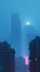 Futuristic city skyline with tall buildings and glowing neon light at night. Urban living in a cyberpunk metropolis illuminated by moon and bright pink light.