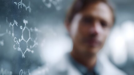 Close up of intricate chemical formulas drawn on a dark surface with a blurred scientist in a lab coat in the background symbolizing scientific