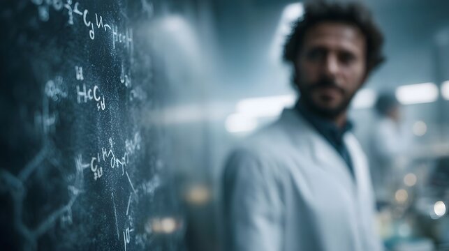 A focused scientist contemplates complex chemical formulas written on a chalkboard in a modern laboratory