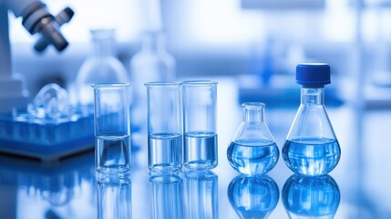 Laboratory glassware with clear liquids for scientific research