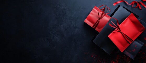 Luxurious red and black gift boxes with ribbons on a dark background, perfect for holiday or special occasion presentations. Copy space available