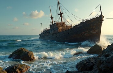 Old ship runs aground on rocky shore. Wooden vessel stranded near the ocean coast. Waves crash against the weathered hull of an old ship. Vintage maritime scene with wrecked boat.